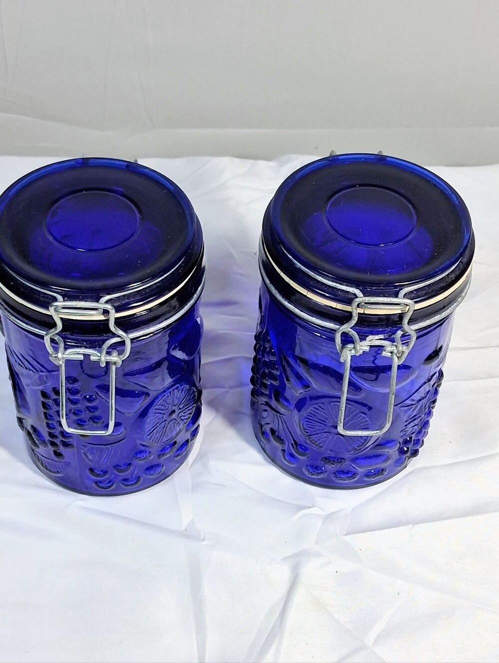 Set Of 2 Mid-Century Deep Cobalt Blue Eire Bail Clamps Kitchen Canisters